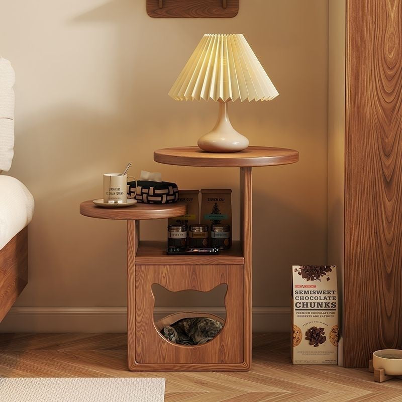 The nightstand that's also where the cat sleeps.